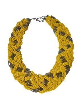 Vintage Chunky Seed Beaded Braided Necklace Statement Yellow Silver Beads Women